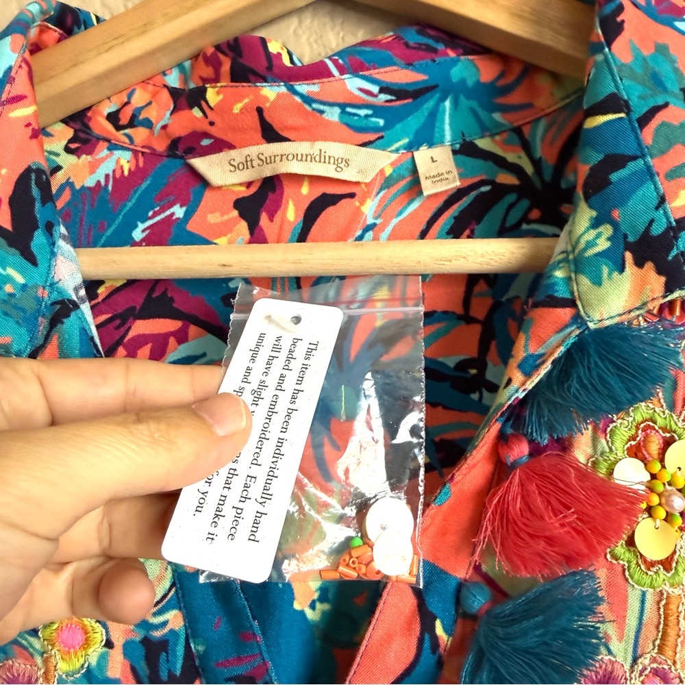 Soft Surroundings Florence Boho Tropical Shirt Dress Embroidered Beaded Tassel L - Picture 9 of 12